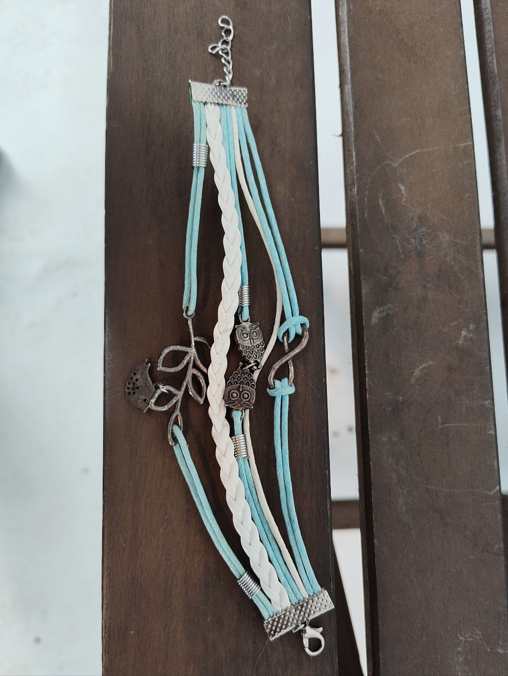 Boho Multi-Strand Turquoise & White Bracelet with Owl Charms
